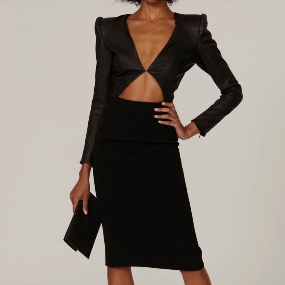 Sergio Hudson Leather Mixed Media Cutout Dress in Black‎ Size 10 - Picture 3 of 15